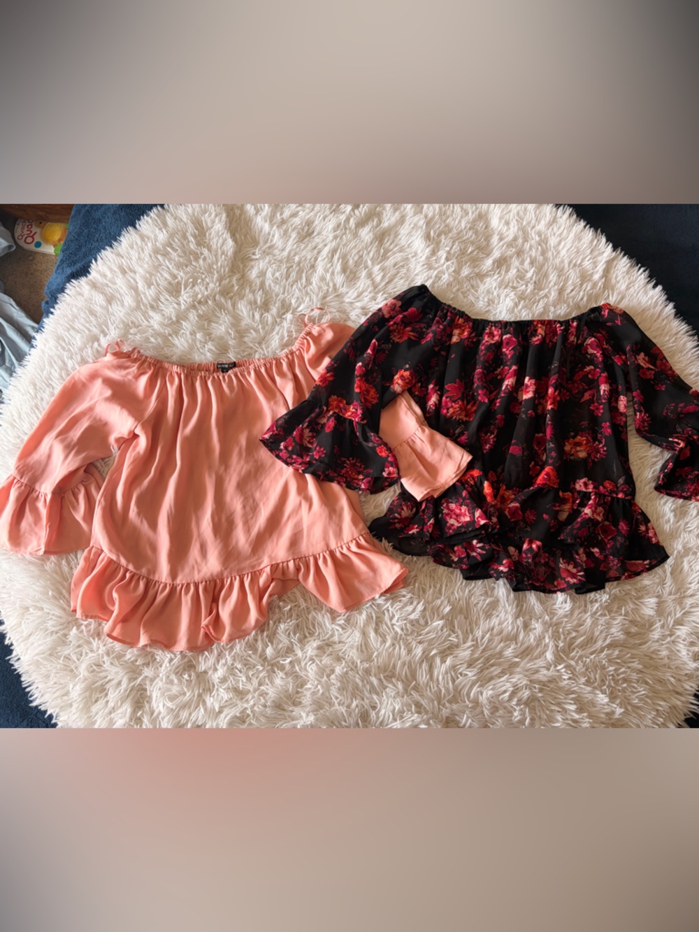 Gianni Bini Peach Off-Shoulder Ruffle Top and Black Floral Off-Shoulder Top